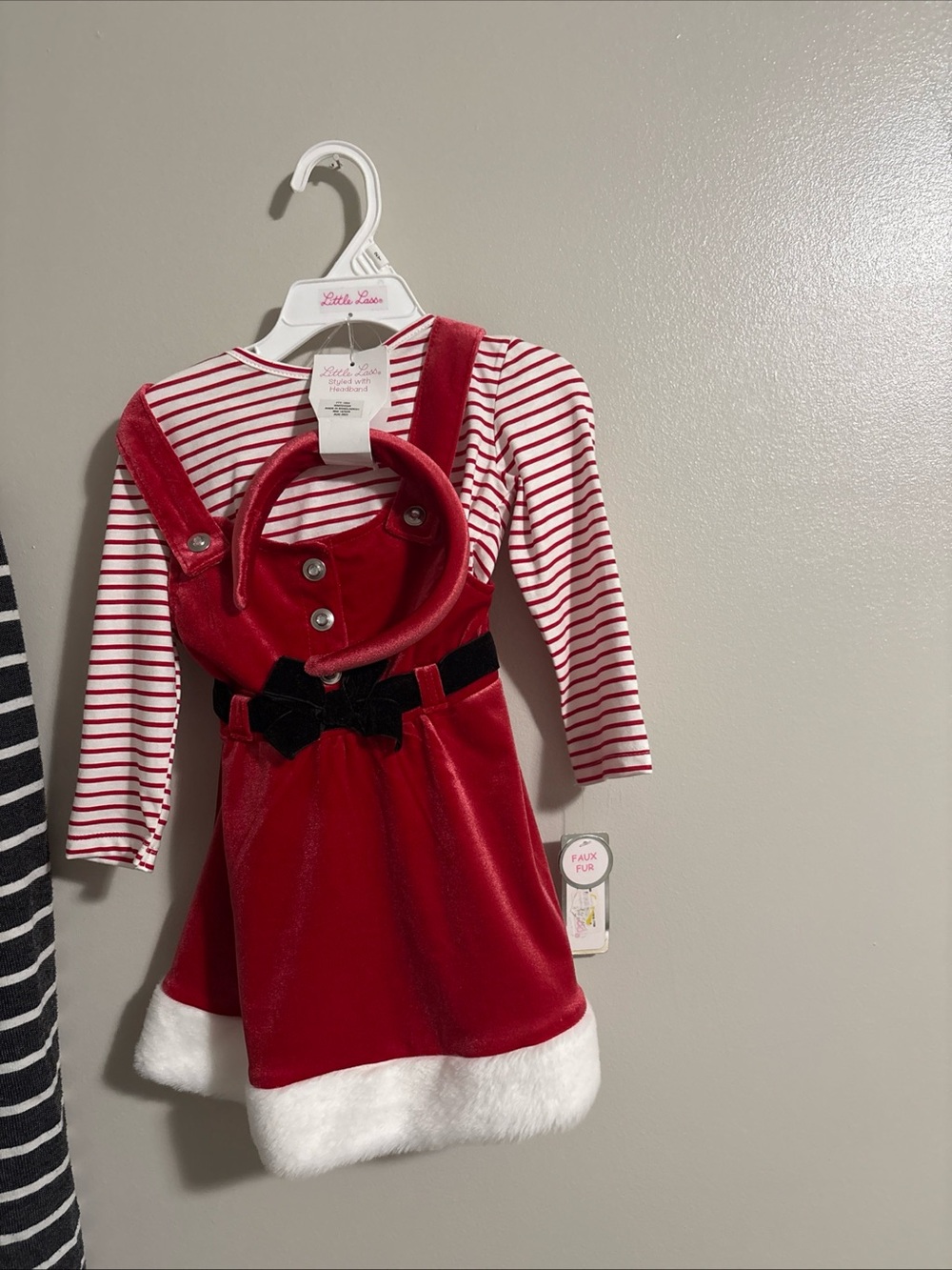 Little Lass Red Velvet Holiday Jumper with Striped Top and Faux-Fur Hem